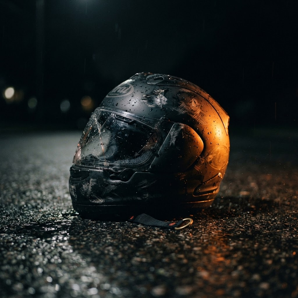 A scuffed motorcycle helmet on wet asphalt lit by a single orange light