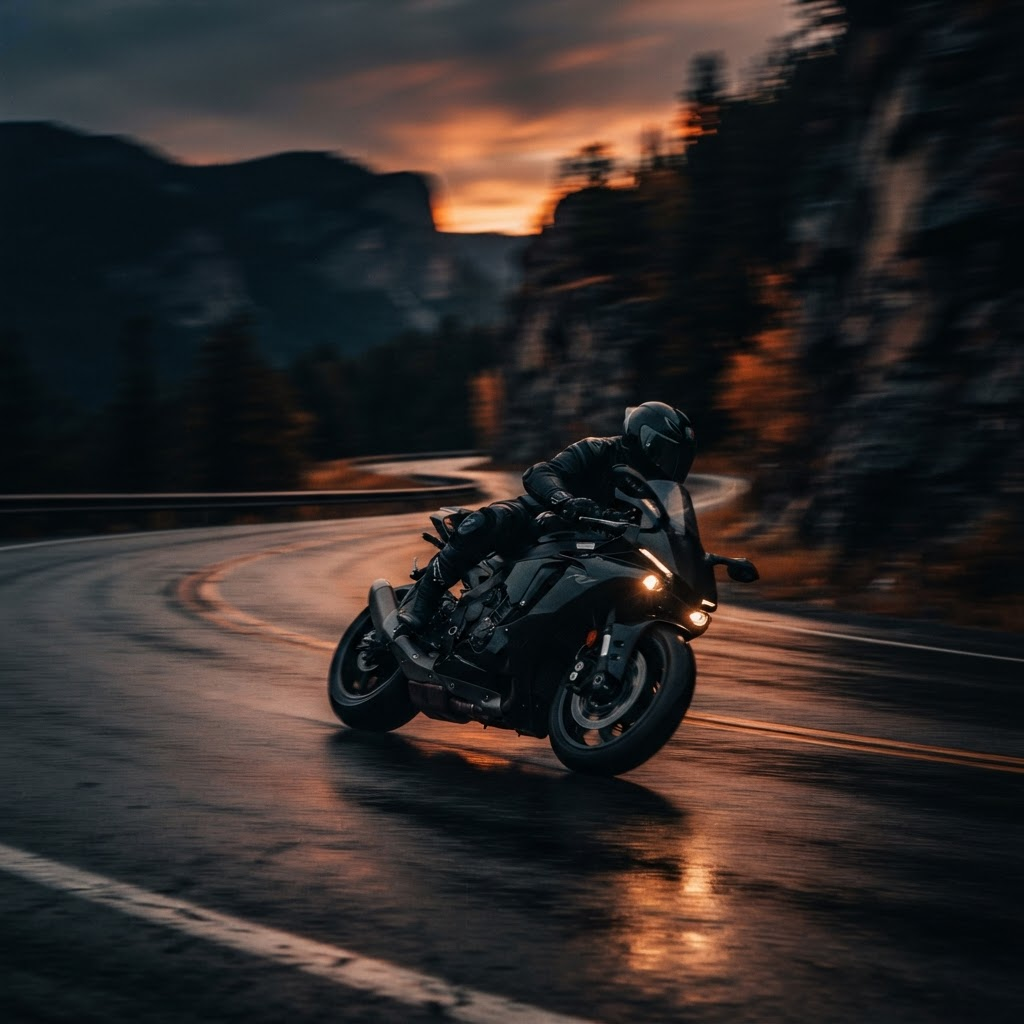 Motorcyclist leaning into a corner at dusk with dramatic motion blur