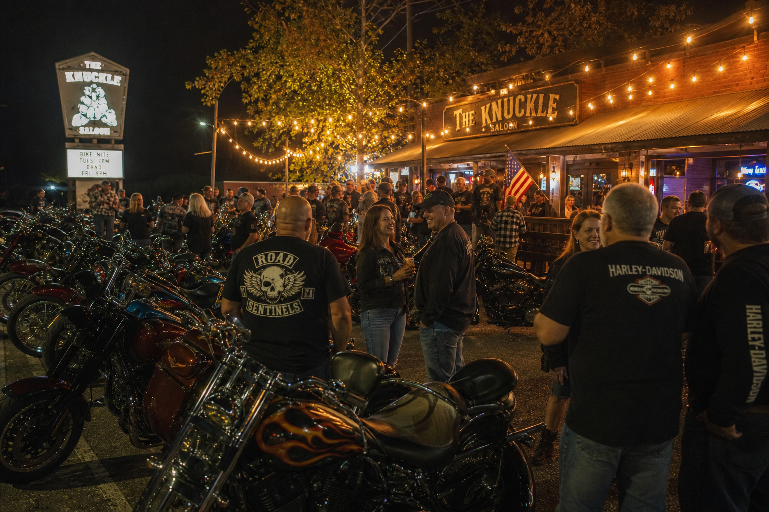 Riders gathered at a motorcycle bike night outside a saloon at night