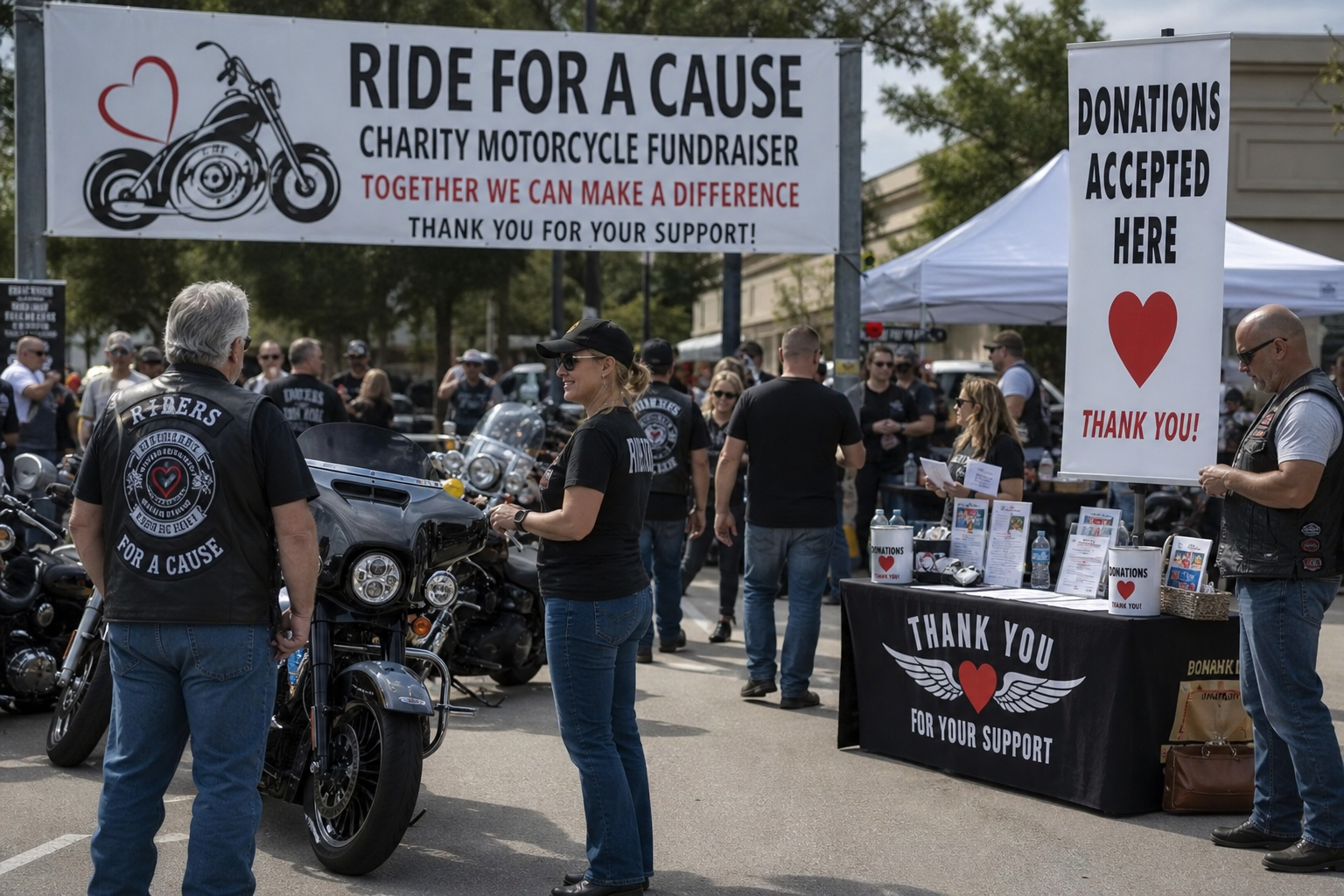 A charity motorcycle fundraiser with donation banners and riders