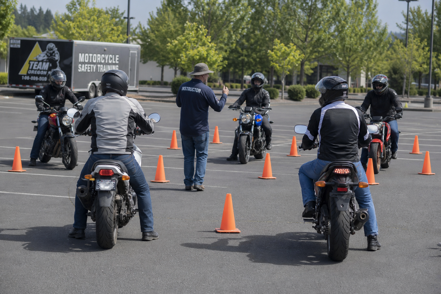 An instructor teaching new riders at a motorcycle safety clinic