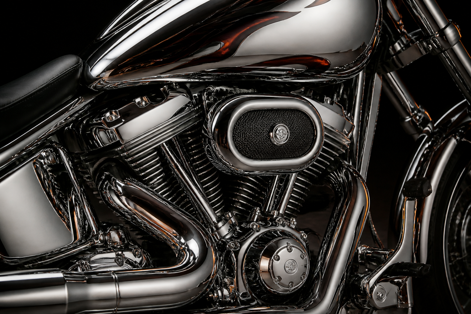 Close-up of a custom cruiser motorcycle chrome engine
