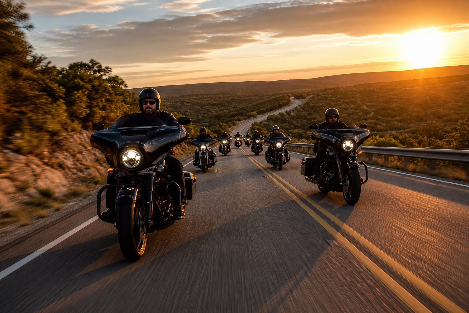 A group of motorcyclists riding together on a Texas hill country highway at golden hour