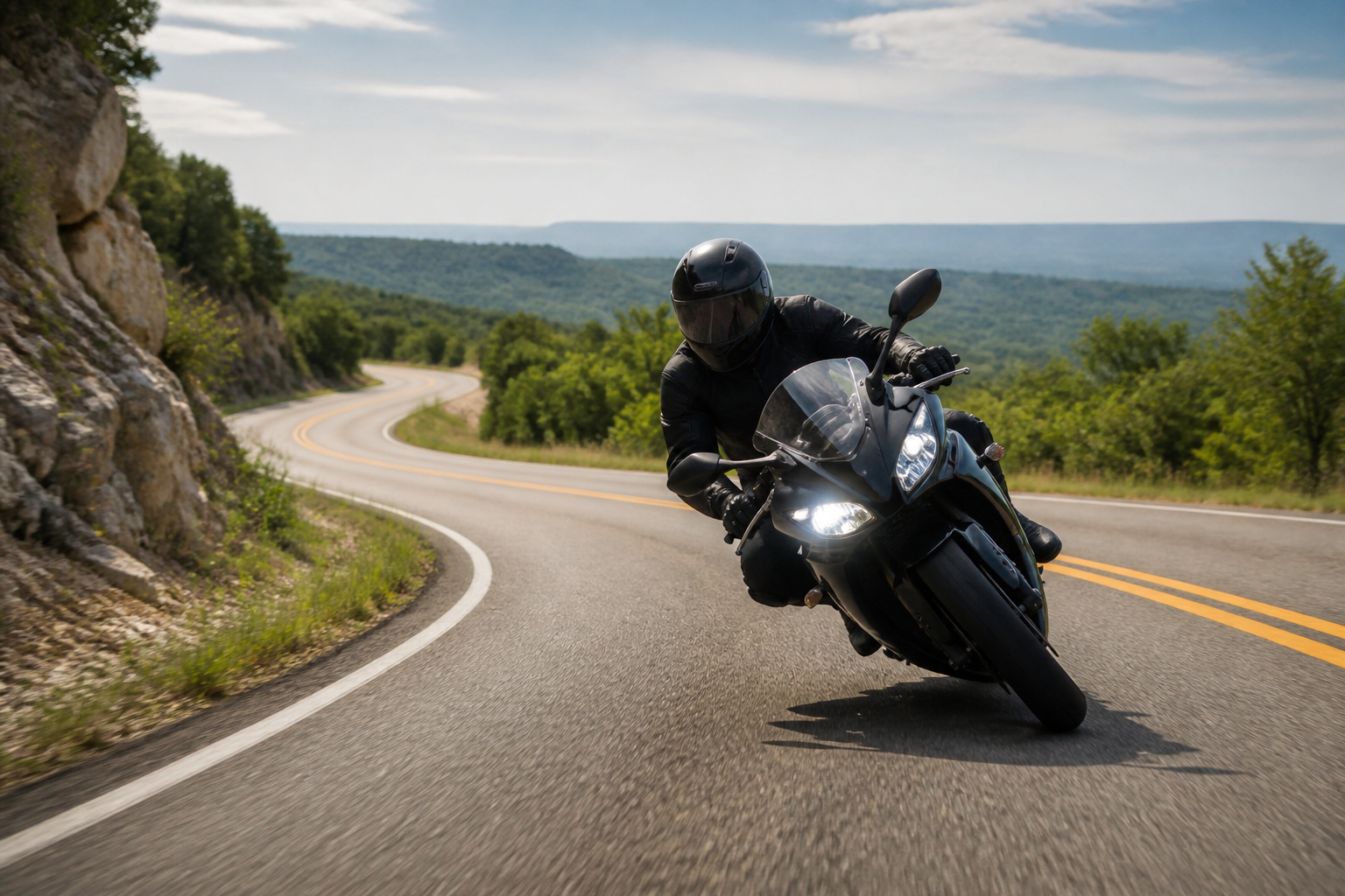 A motorcyclist leaning through a curve on a scenic hill country road