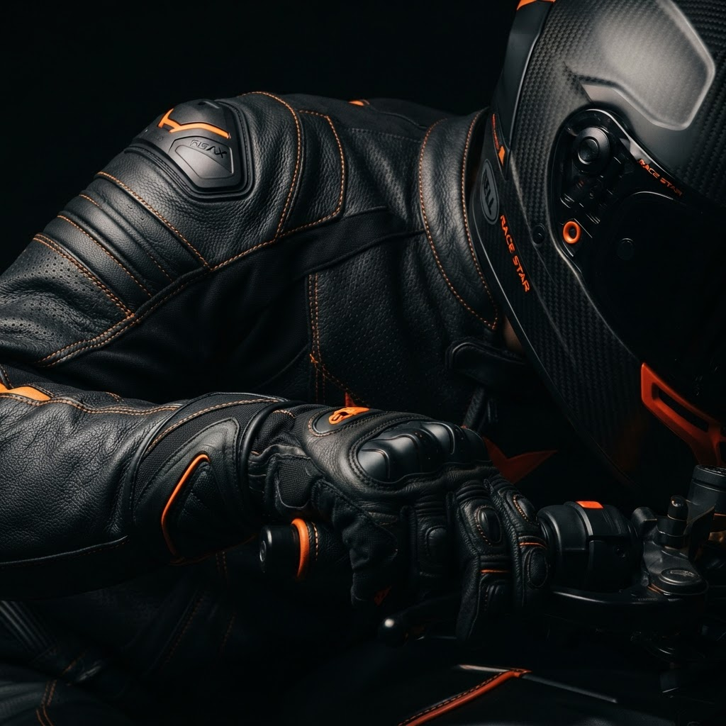 Premium black motorcycle armor, gloves, and helmet with orange accents in studio light